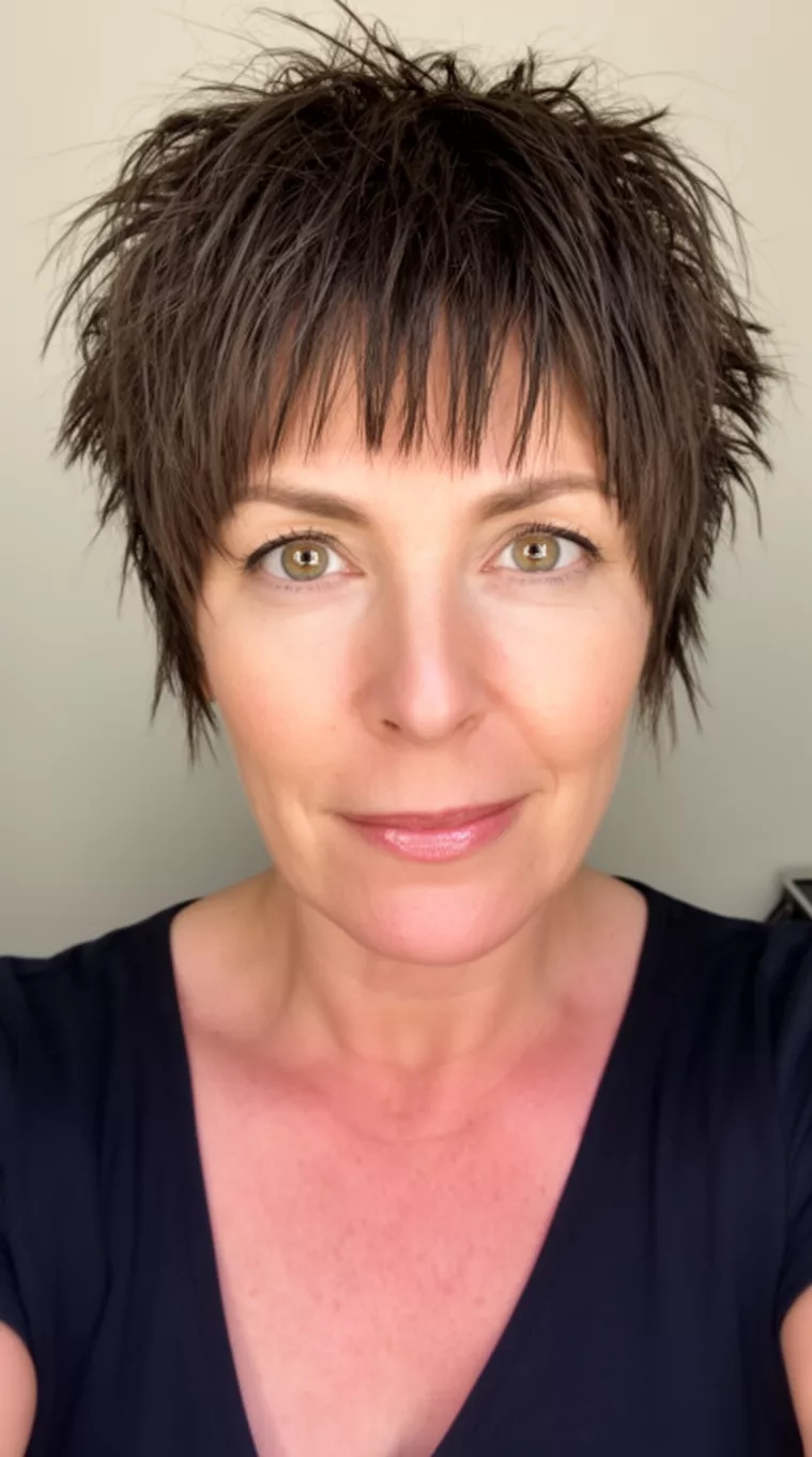 selfie of a 47-year-old woman with a Choppy Crop with Bangs hairstyle, minimal background. Short, ears-length cut with irregular, choppy layers and short, textured bangs. Designed for a thick, straight texture. Styled with a messy finish. Ideal for oval faces for a bold statement. Use a matiifying wax for a strong, textured hold.