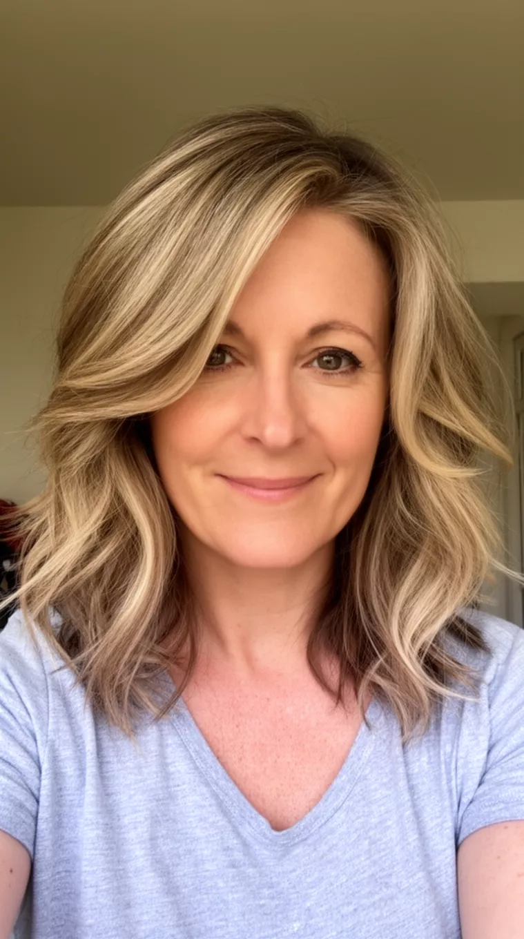 selfie of a 46-year-old woman with a Feathered Mid-Length Layers hairstyle, minimal background. Hair reaching past the shoulders with light, flicked-back layers and a medium, wavy texture. Styled with a focus on movement away from the face. Suitable for all face shapes for casual daily wear. Use a sea salt spray for a soft, touchable hold.