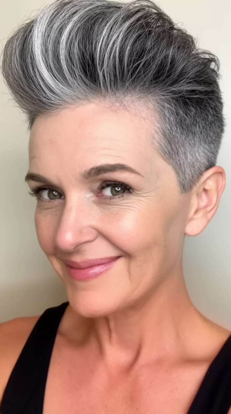 selfie of a 48-year-old woman with a Salt and Pepper Pompadour hairstyle, minimal background. Very short sides with a high, voluminous top in a natural grey and black blend. Coarse, thick texture. Styled upwards and back. Best for oval and heart faces at evening galas. Use a strong-hold wax for a durable finish.