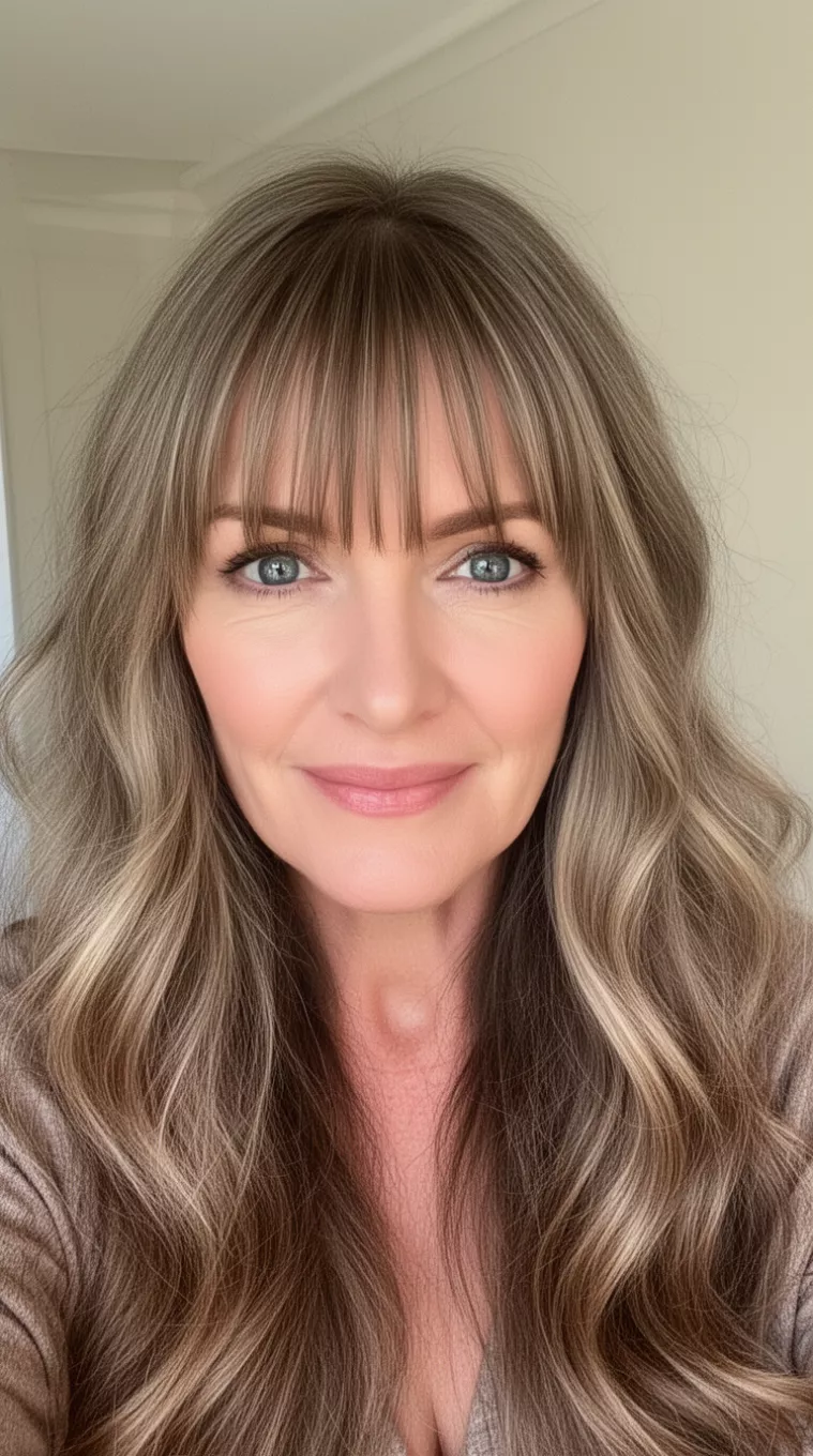 selfie of a 49-year-old woman with a Wispy Bottleneck Bangs hairstyle, minimal background. Long, flowing hair with narrow bangs at the center that widen at the cheekbones. Soft, fine hair texture. Styled with natural waves. Fits oval and long face shapes for dinner dates. Use a light hairspray for a delicate hold.