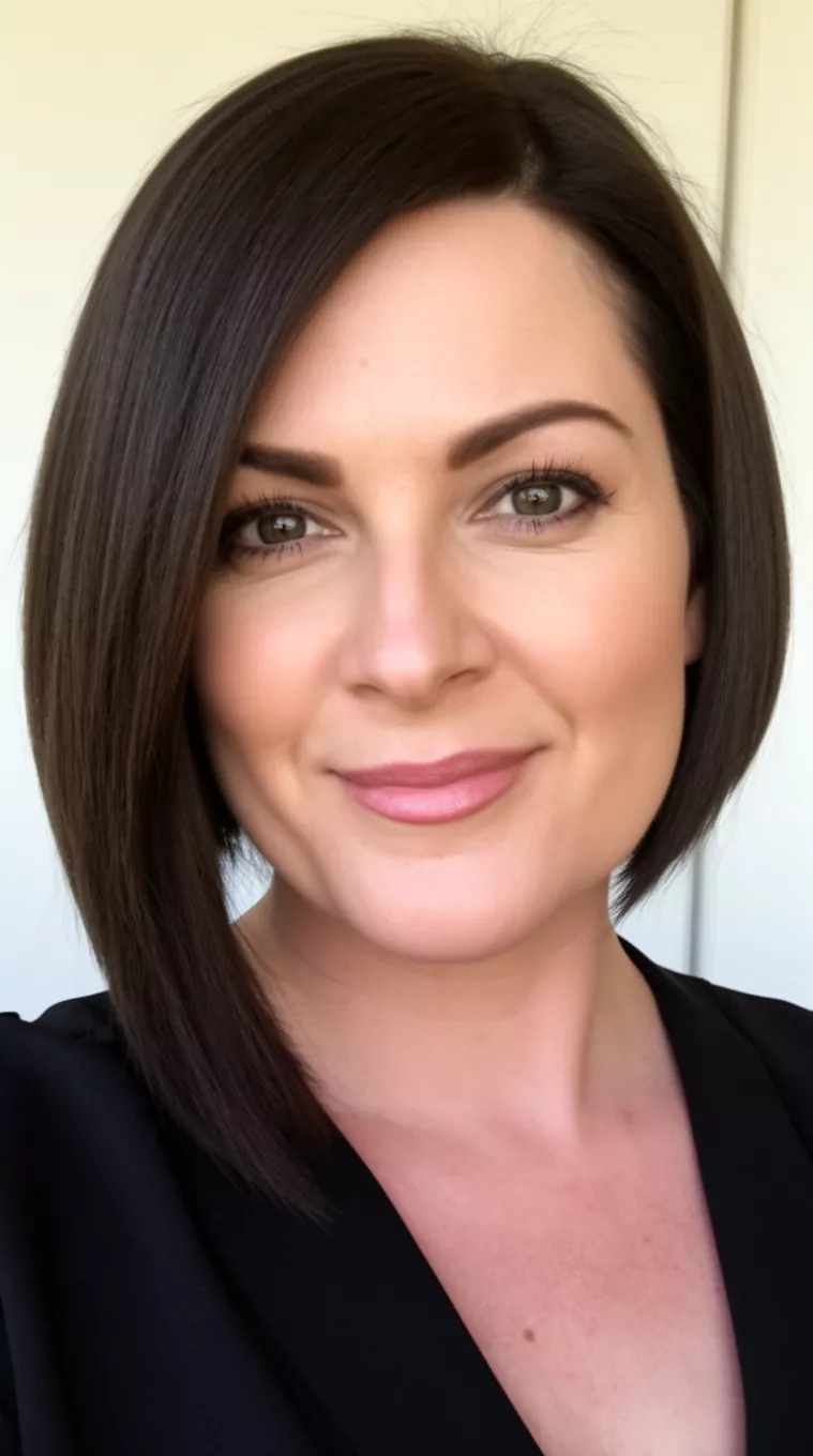 selfie of a 42-year-old woman with an Asymmetrical Sleek Bob hairstyle, minimal background. One side cut to the jaw and the other slightly longer, with a smooth, straight texture. Styled with a deep side part. Ideal for round faces for a modern professional look. Use a flat iron and smoothing oil for a firm, sleek hold.