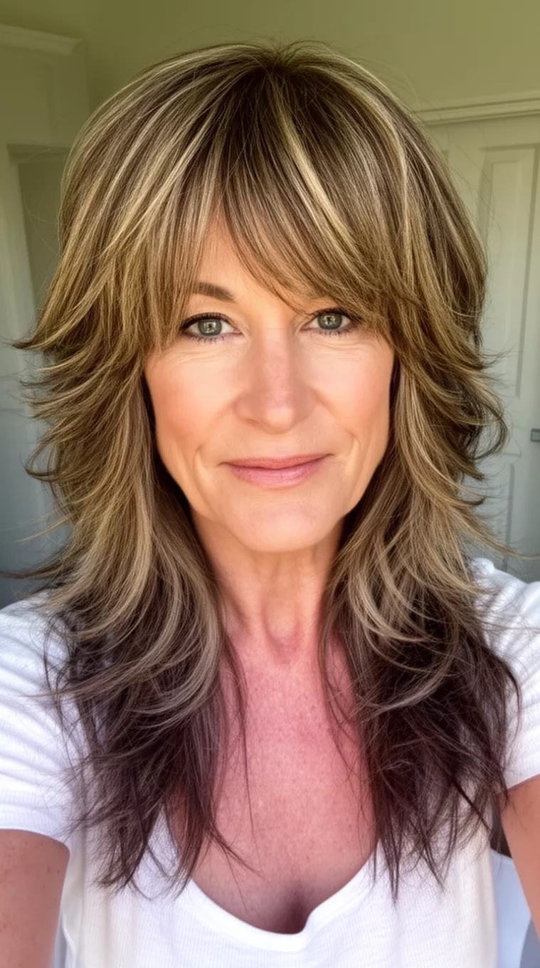 selfie of a 45-year-old woman with a Layered Butterfly Shag hairstyle, minimal background. Long layers with voluminous, feathered wings and a wavy texture. Styled with outward-curling face-framing sections. Great for square and rectangular face shapes for weekend outings. Use a volumizing mousse and a blow-dryer for a bouncy, medium hold.