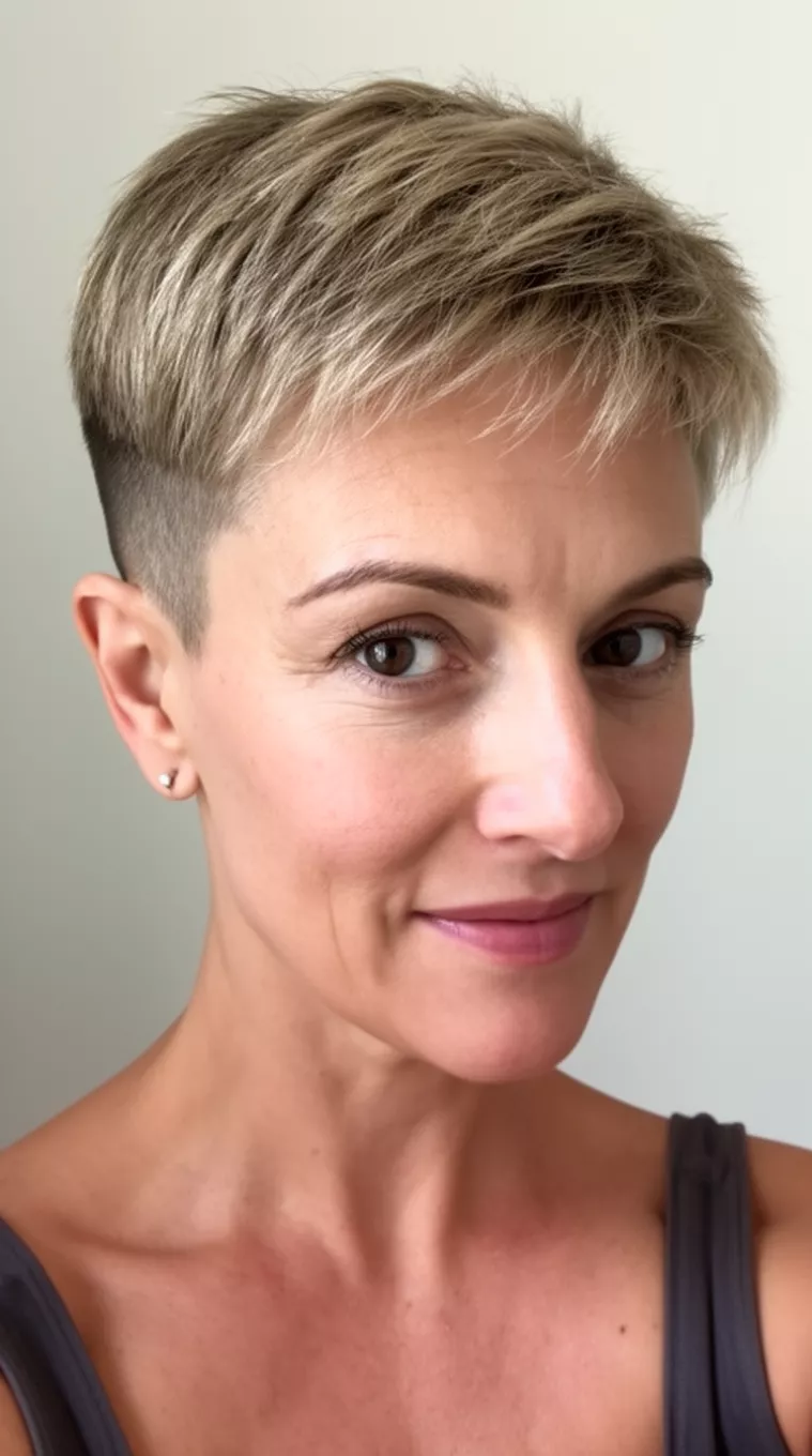 selfie of a 42-year-old woman with a Tapered Nape Pixie hairstyle, minimal background. Very short, closely cropped back and sides with a soft, layered crown and fine hair texture.