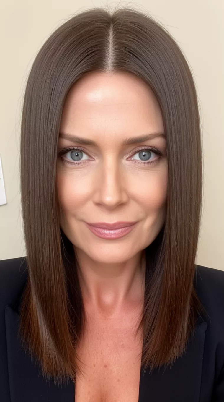 selfie of a 43-year-old woman with a Blunt Collarbone Cut hairstyle, minimal background. Medium-length hair with sharp, even ends and a dense, straight texture. Styled perfectly flat with a center part. Suited for heart and pear face shapes at corporate events. Apply a high-shine serum for a sleek, light hold.