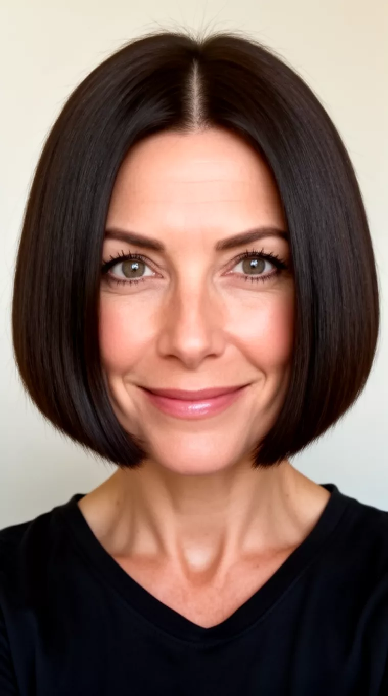 selfie of a 49-year-old woman with a Precision Jaw-Length Bob hairstyle, minimal background. Sharp, even cut exactly at the jawline with a thick, straight texture and no layers. Styled with a center part and extreme smoothness. Fits heart and oval faces for a high-fashion look. Use a heat protectant and flat iron for a firm hold.