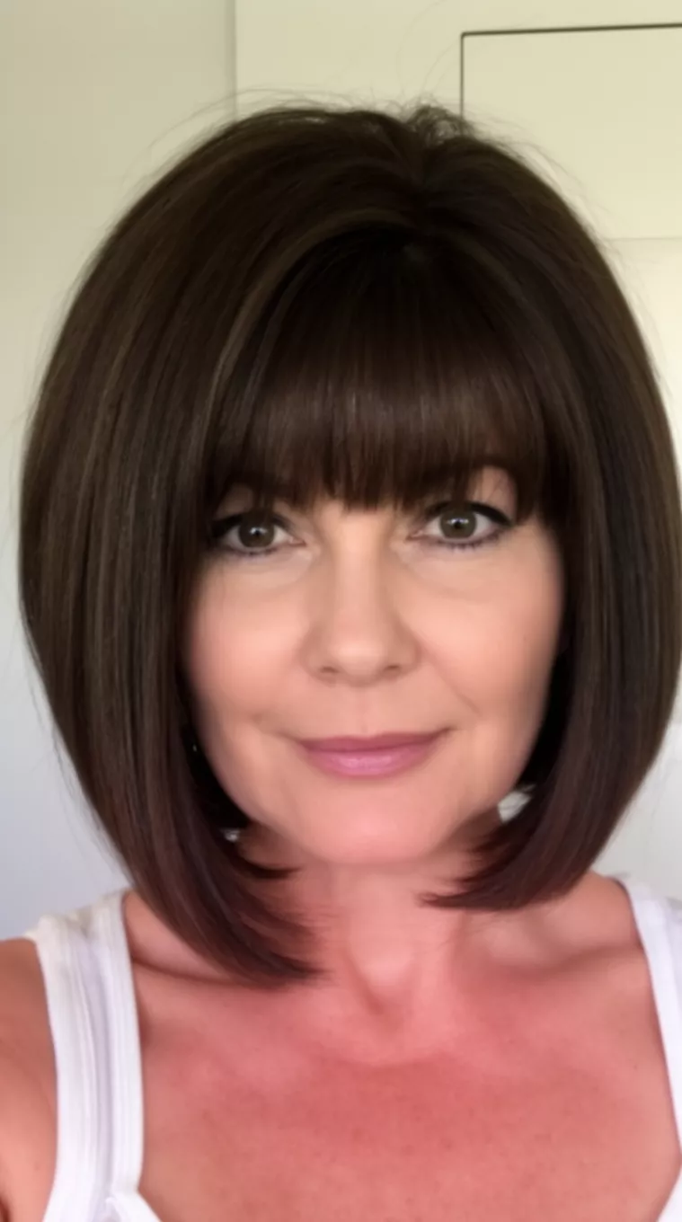 selfie of a 48-year-old woman with a Stacked A-Line Bob hairstyle, minimal background. Shorter back with graduated layers leading to longer front sections and a straight, thick texture. Styled with a slight volume at the back. Best for round faces for a sharpening effect. Use a root-lift spray and a flat iron for a firm hold.