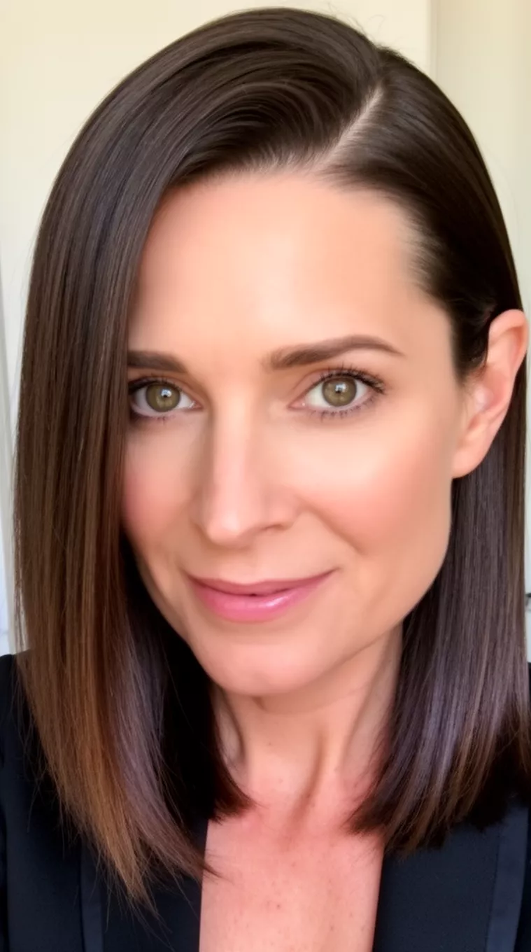 selfie of a 44-year-old woman with a Sleek Deep Side Part hairstyle, minimal background. Medium-length hair styled with an extreme side part, tucked behind one ear. Smooth, straight texture. Perfect for rectangular and oval faces at formal dinners. Use a strong-hold gel for the part and a shine spray for a sleek finish.