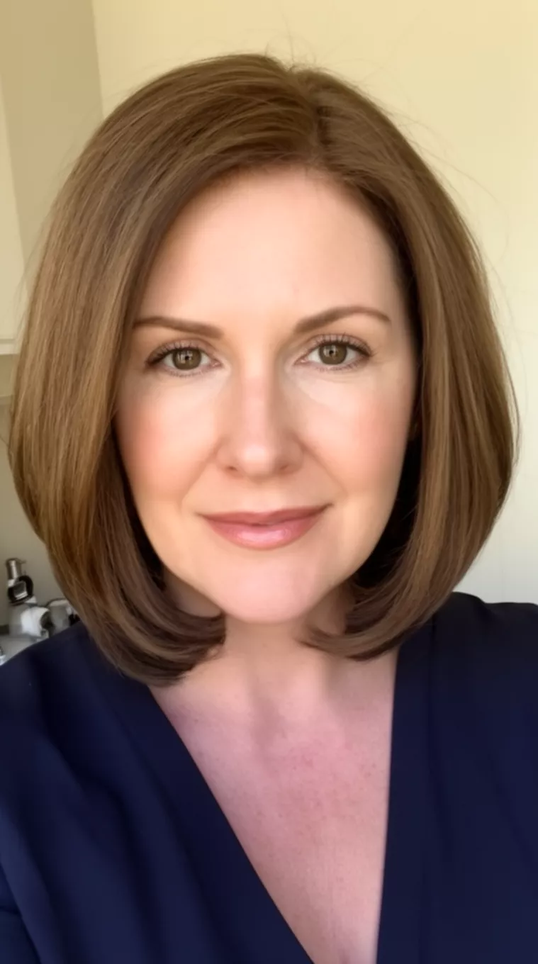 selfie of a 47-year-old woman with a Soft Curved Lob hairstyle, minimal background. Shoulder-length cut with rounded, face-framing layers and a smooth, medium texture. Styled with gentle inward flips at the ends. Best for round and oval faces for weddings or work. Use a heat protectant spray and a large curling iron for a soft hold.