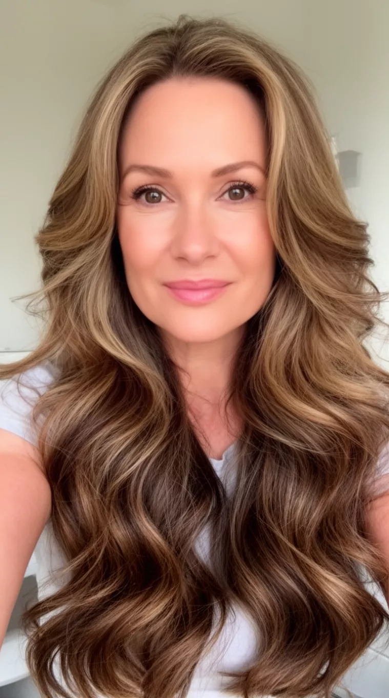 selfie of a 40-year-old woman with Long Soft Waves hairstyle, minimal background. Hair reaching mid-back with very long, subtle layers and a medium, wavy texture. Styled with large, loose curls. Suited for heart and square face shapes for a romantic look. Use a large-barrel curling wand and flexible spray for a soft hold.