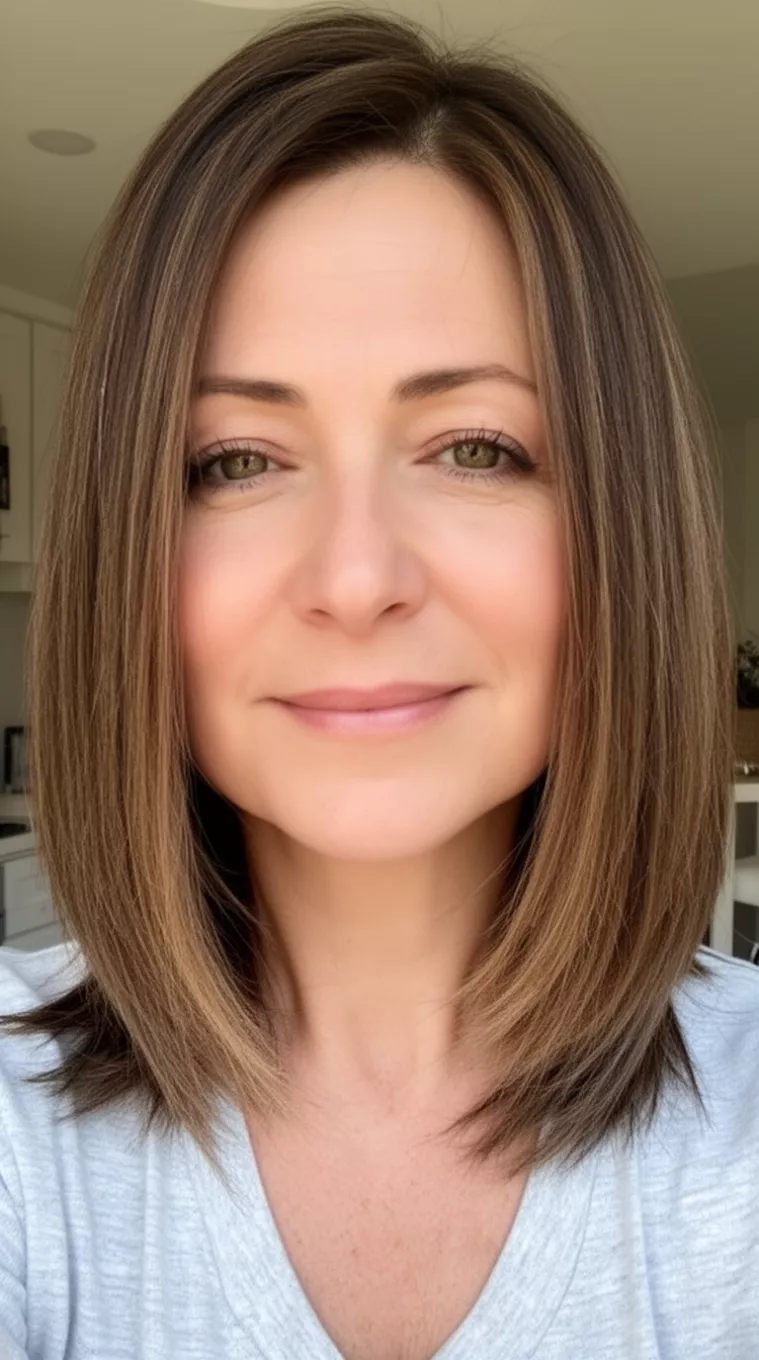 selfie of a 42-year-old woman with an Internal Layered Mid-Length hairstyle, minimal background. Hair sitting just below the shoulders with hidden layers underneath and a smooth, medium texture. Styled with a straight finish but natural body. Best for thick hair and all face shapes for daily versatility. Use a flat iron for a light, natural hold.