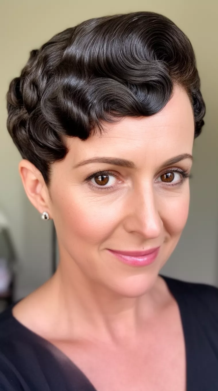 selfie of a 49-year-old woman with Vintage Inspired Finger Waves hairstyle, minimal background. Short hair styled in tight, S-shaped waves close to the scalp. Smooth, shiny texture. Best for heart and oval face shapes at formal vintage themes. Use a strong-hold setting gel and a fine-tooth comb for a very firm, sculpted hold.