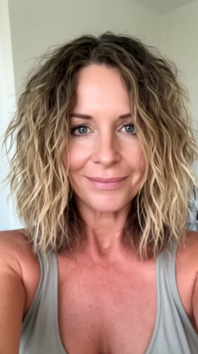 selfie of a 45-year-old woman with a Wavy Shaggy Lob hairstyle, minimal background. Shoulder-skimming length with disconnected layers and a messy, wavy texture. Styled with an undone, beachy feel. Ideal for long and diamond face shapes for a relaxed vibe. Use a texturizing spray for a medium, matte hold.