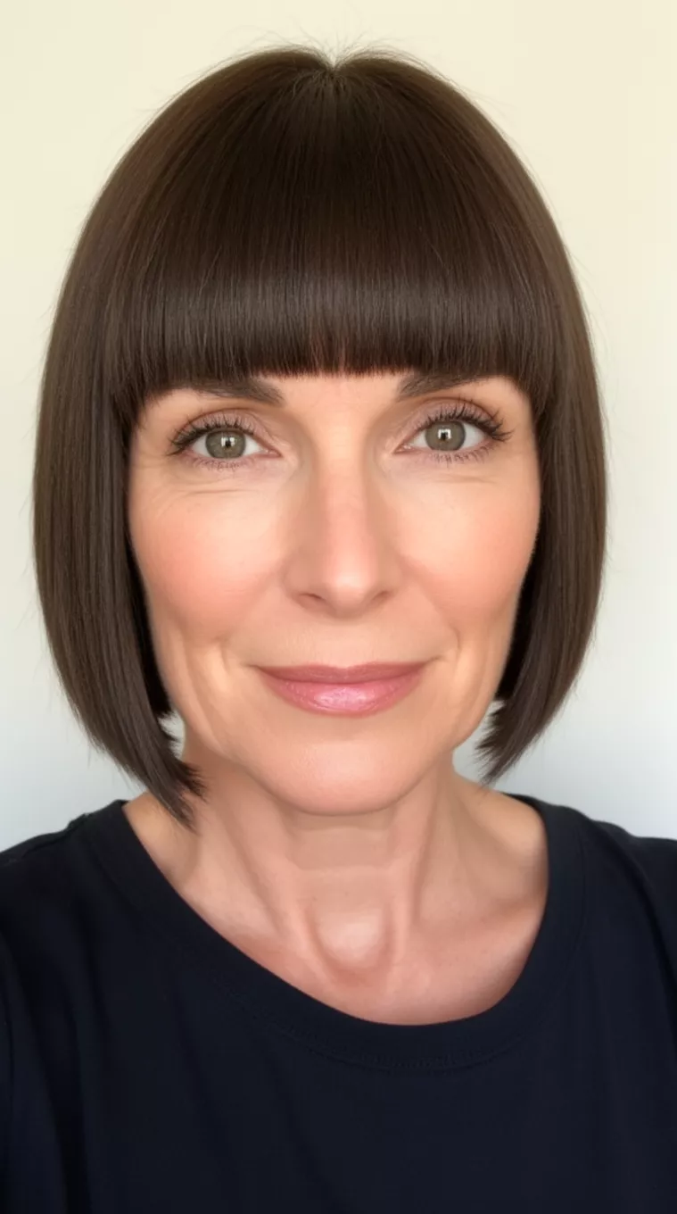 selfie of a 45-year-old woman with Geometric Micro-Bangs hairstyle, minimal background. Short bob with extremely short, straight-across bangs well above the eyebrows. Dense, straight texture. Styled very flat and neat. Ideal for oval and diamond face shapes for an avant-garde look. Use a tiny amount of pomade for a strong hold on the bangs.