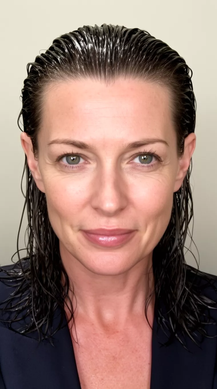 selfie of a 42-year-old woman with a Slicked-Back Wet Look hairstyle, minimal background. Shoulder-length hair combed straight back away from the forehead with a high-shine, damp appearance. Medium texture. Ideal for oval and square face shapes at high-profile events. Use a strong-hold hair gel and gloss spray for a firm, wet finish.