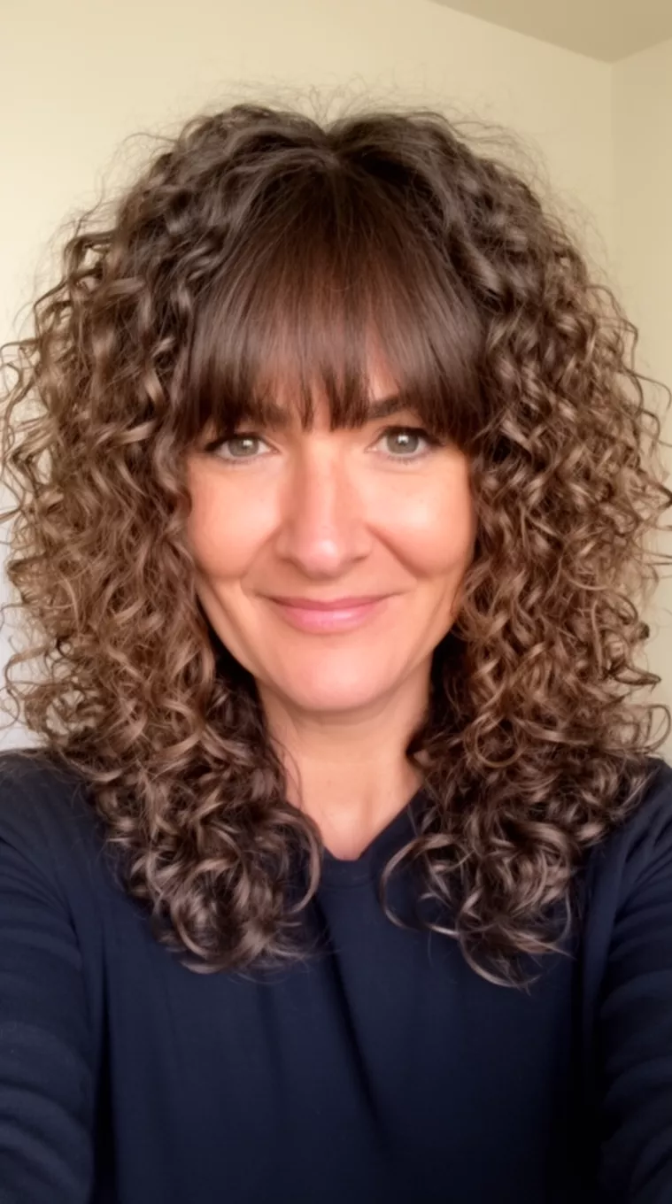 selfie of a 41-year-old woman with a Curly Shag with Curtain Bangs hairstyle, minimal background. Mid-length, bouncy curls with many short layers and wide-set curtain bangs. Thick, curly texture. Styled for maximum volume. Best for square and long face shapes for a soft, friendly look. Use a curl cream and air dry for a flexible hold.