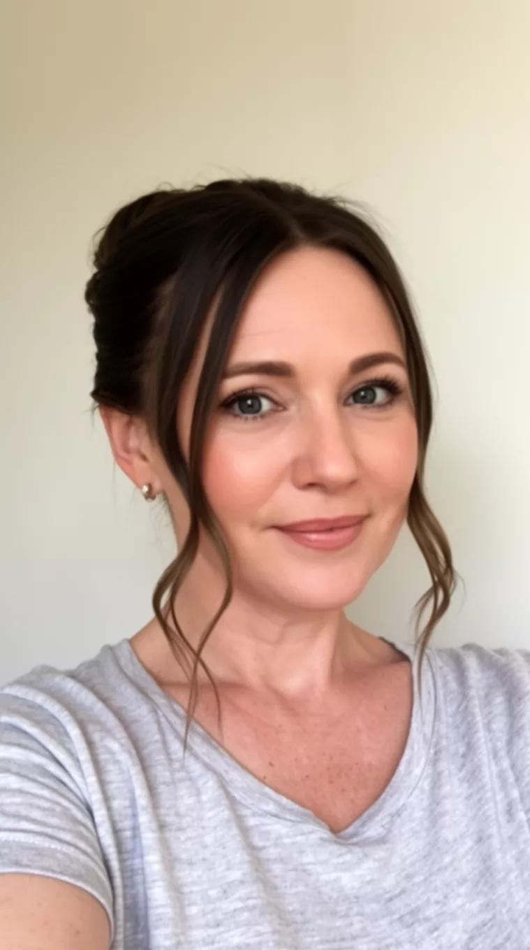 selfie of a 47-year-old woman with a Sleek Low Bun With Face-Framing Tendrils hairstyle, minimal background.