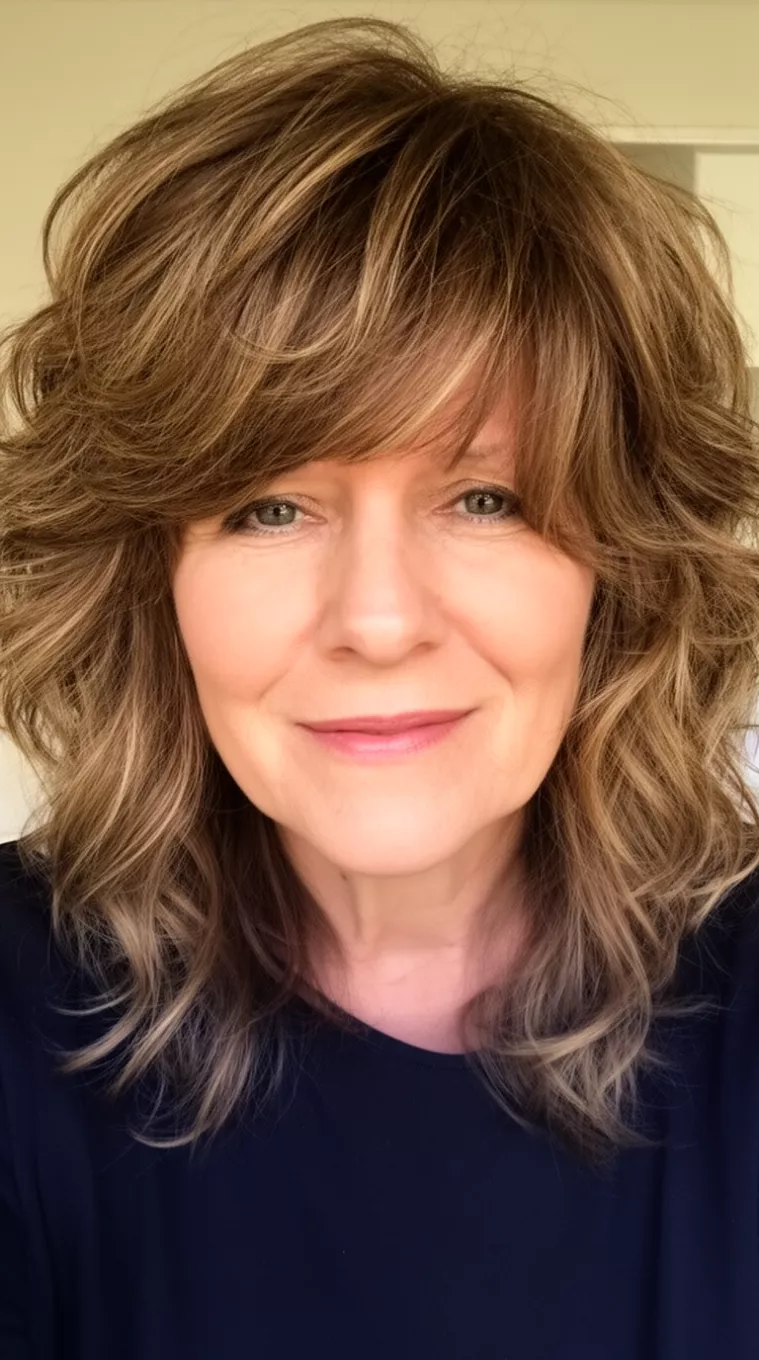 selfie of a 47-year-old woman with a Layered Face-Framing Shag hairstyle, minimal background. Mid-length hair with heavy layers around the face and a wavy, thick texture. Styled with a lot of movement. Great for long and rectangular face shapes for a softening effect. Use a texturizing mousse and a blow-dryer for a bouncy, light hold.