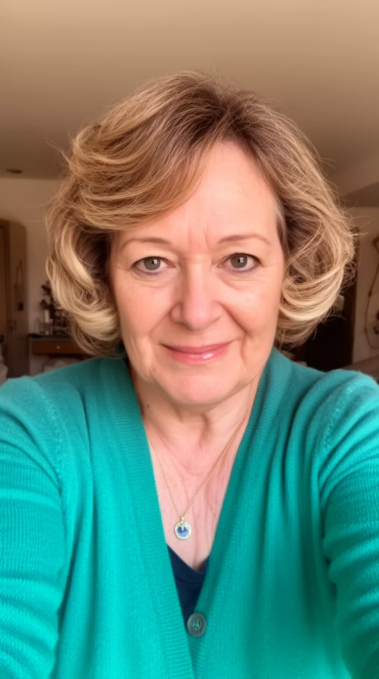 selfie of a 58-year-old woman wearing a teal green cardigan with Short Perm Waves
