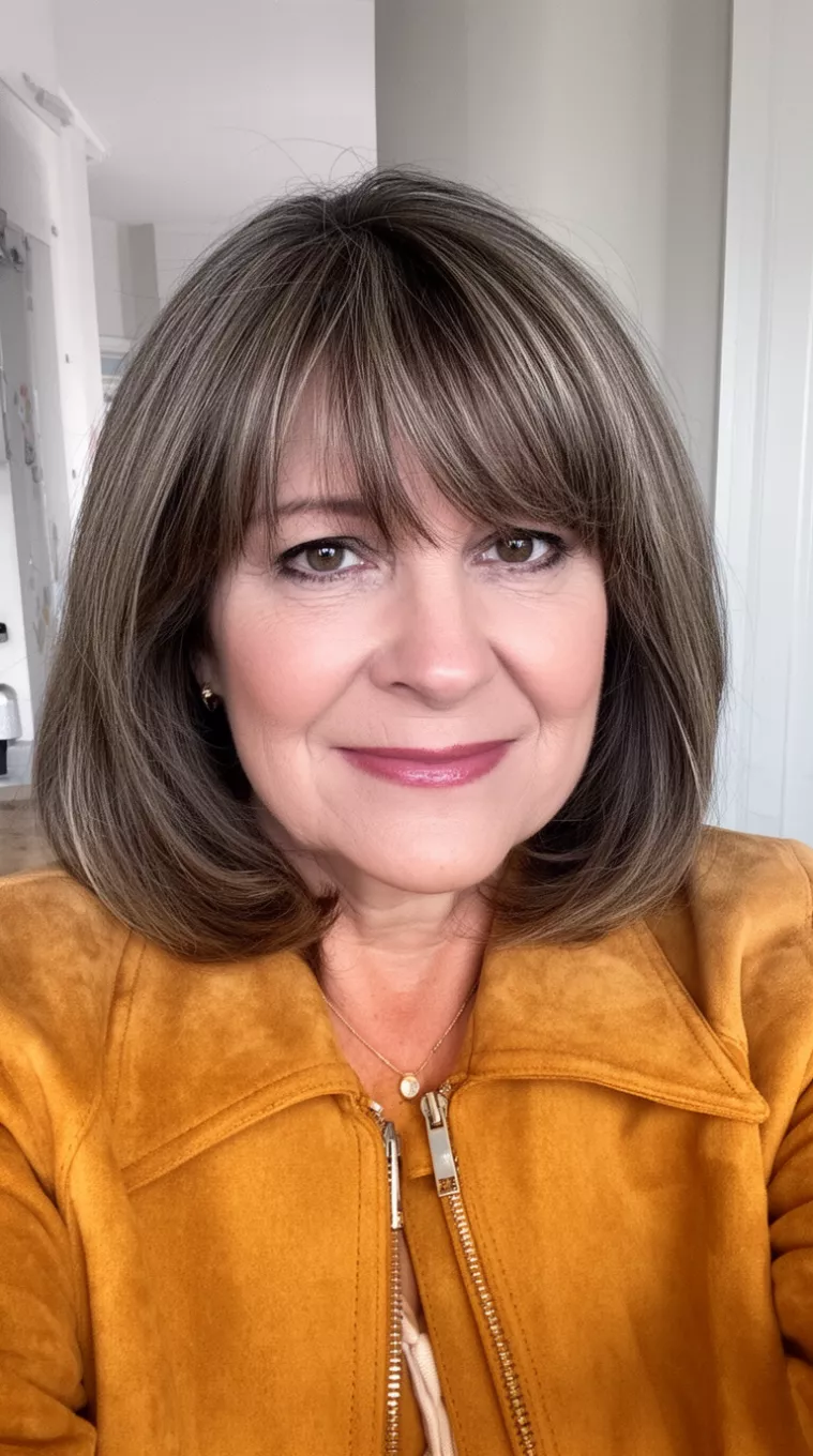 selfie of a 55-year-old woman wearing a tan suede jacket with Birkin Bangs Layers