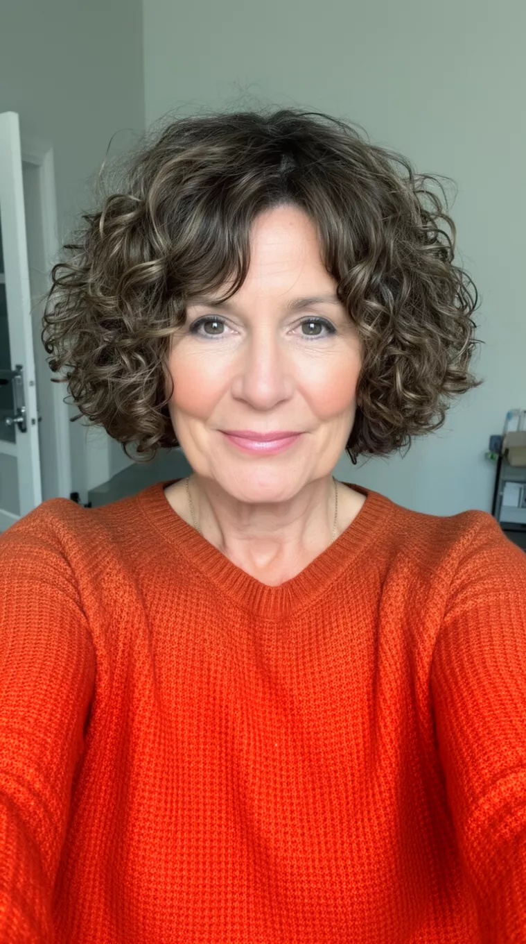selfie of a 55-year-old woman wearing a burnt orange knit top with a Curly Layered Bob