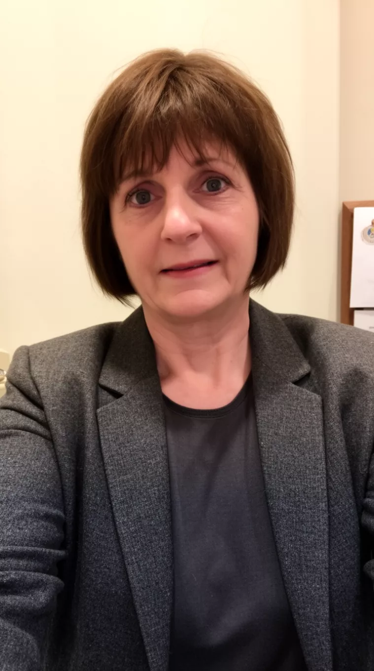 selfie of a 53-year-old woman wearing a charcoal grey blazer over a simple top with a Short Shag
