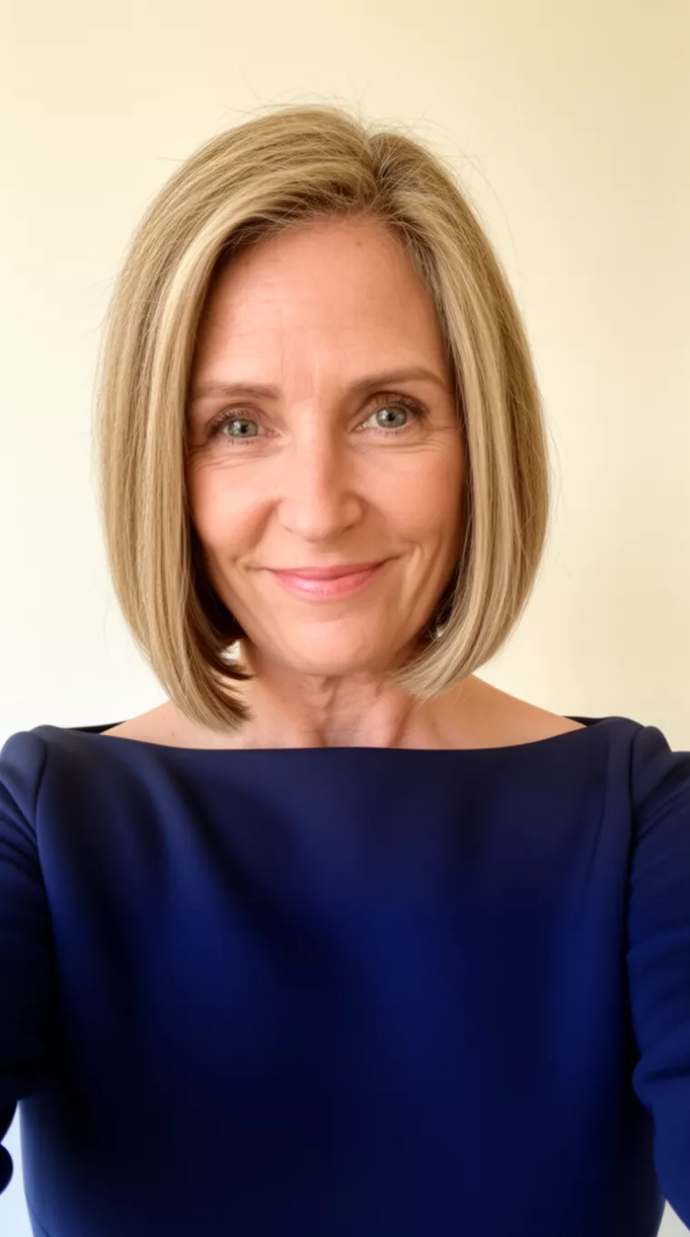 selfie of a 54-year-old woman wearing a minimalist navy blue boat neck top with a Classic Lob