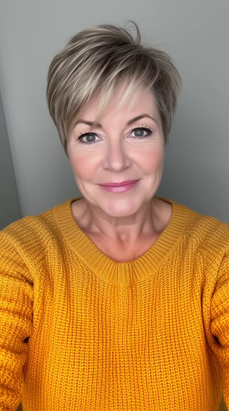 selfie of a 52-year-old woman wearing a mustard yellow knit top with a Modern Bixie