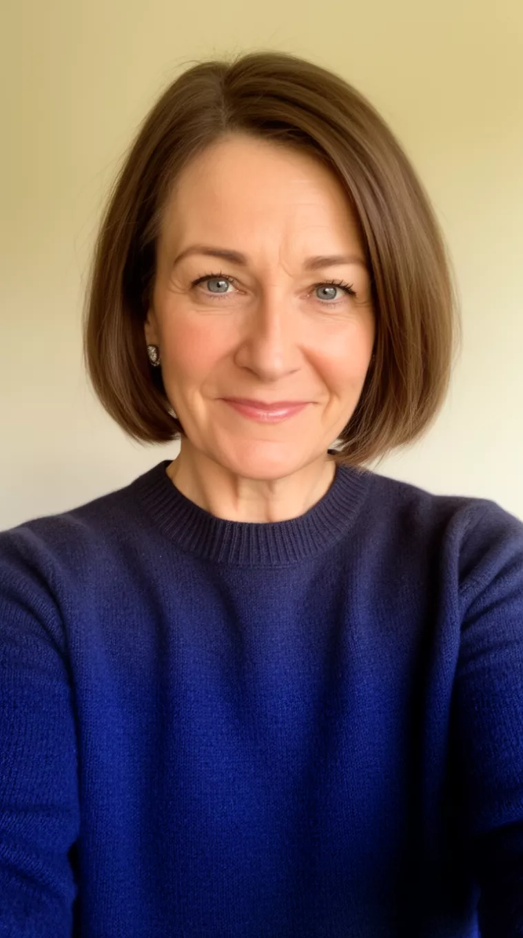 selfie of a 51-year-old woman wearing a navy blue cashmere sweater with a Graduated Bob