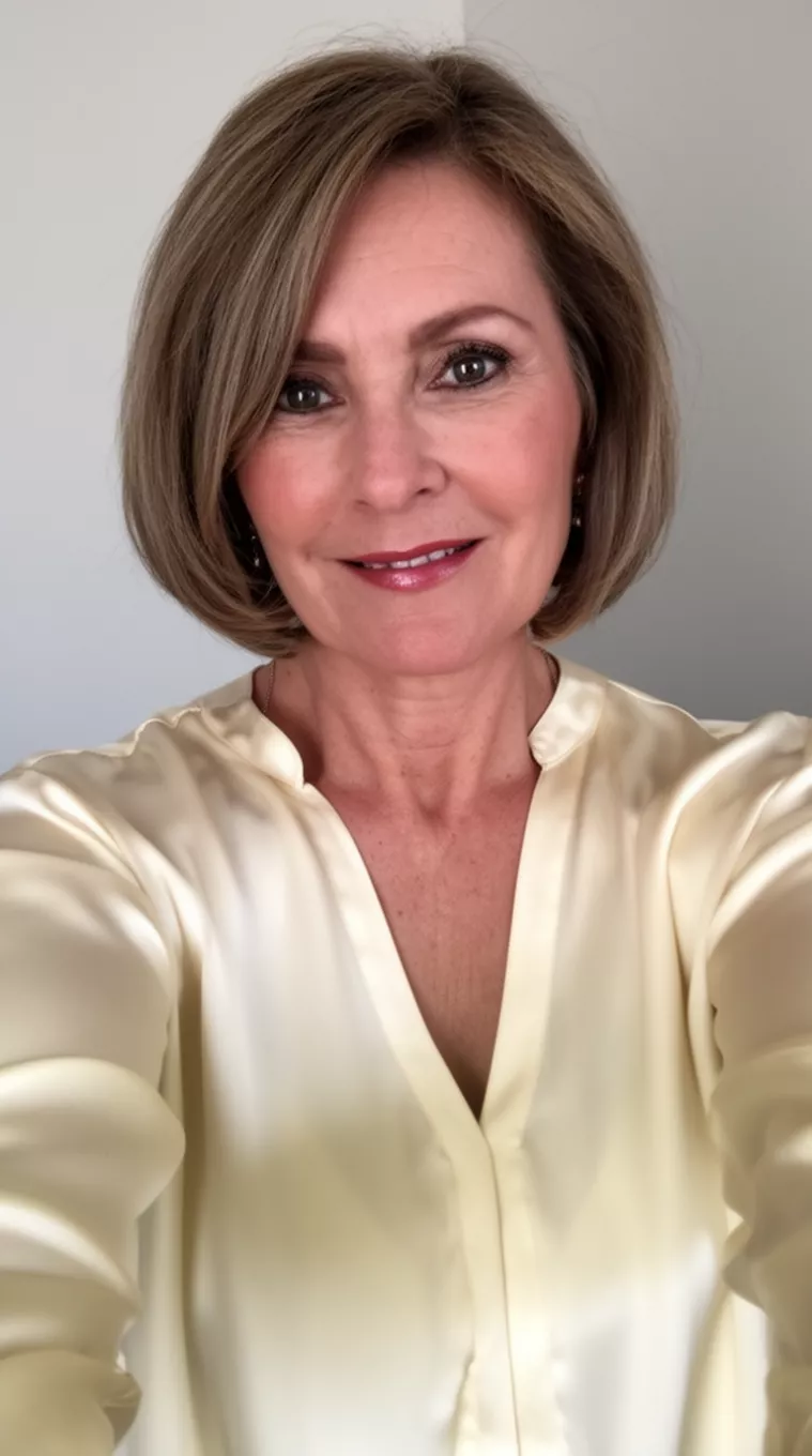 selfie of a 50-year-old woman wearing a cream silk blouse with a Soft Curved Bob
