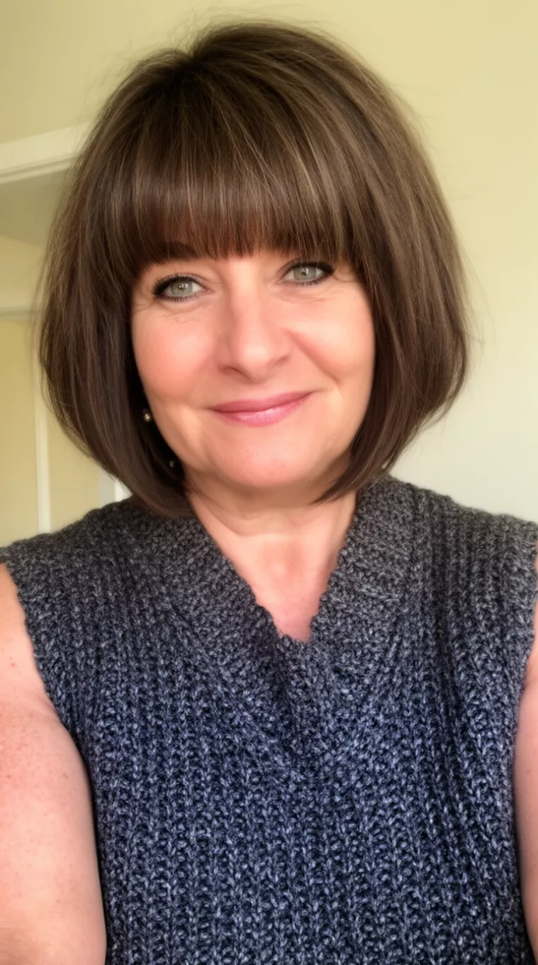 selfie of a 57-year-old woman wearing a charcoal grey knitted vest with a Textured Bob with Bangs