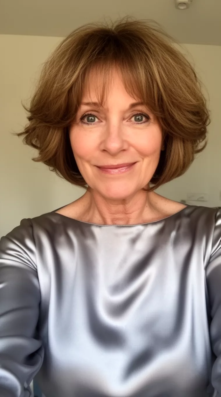 selfie of a 54-year-old woman wearing a silver grey satin top with a Voluminous Cropped Bob