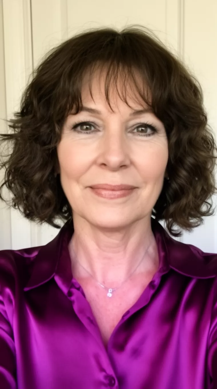 selfie of a 50-year-old woman wearing a plum purple silk shirt with a Wavy Bob