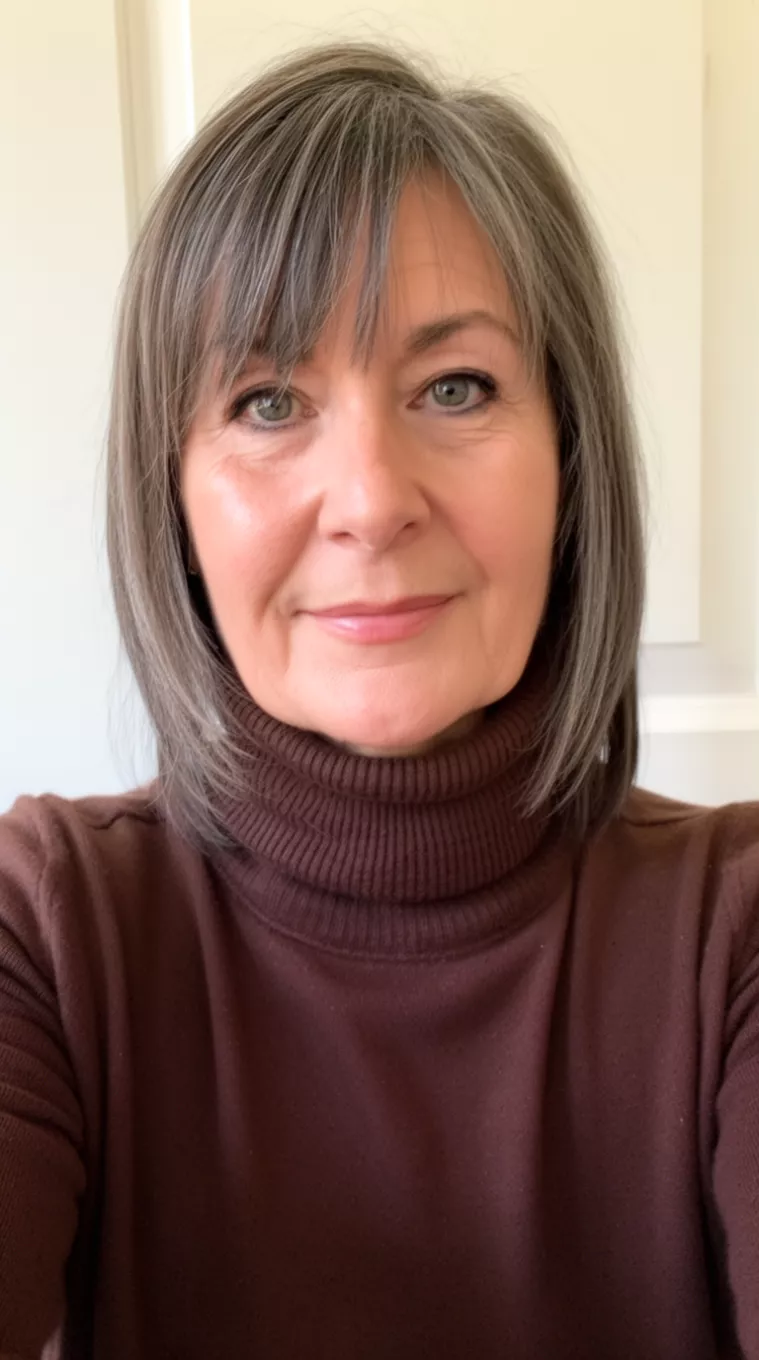 selfie of a 59-year-old woman wearing a chocolate brown turtleneck with a hairstyle that has Side Fringes