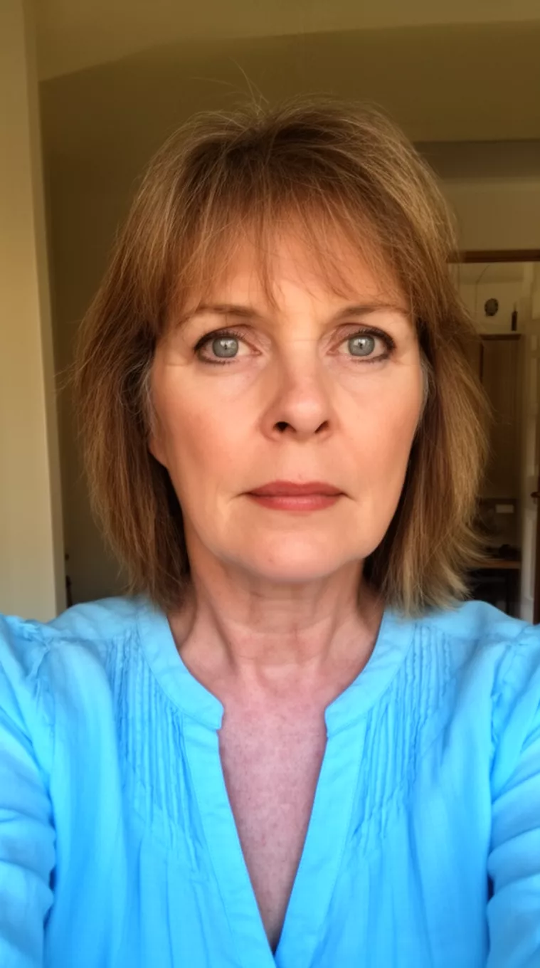 selfie of a 59-year-old woman wearing a sky blue blouse with Ghost Layers