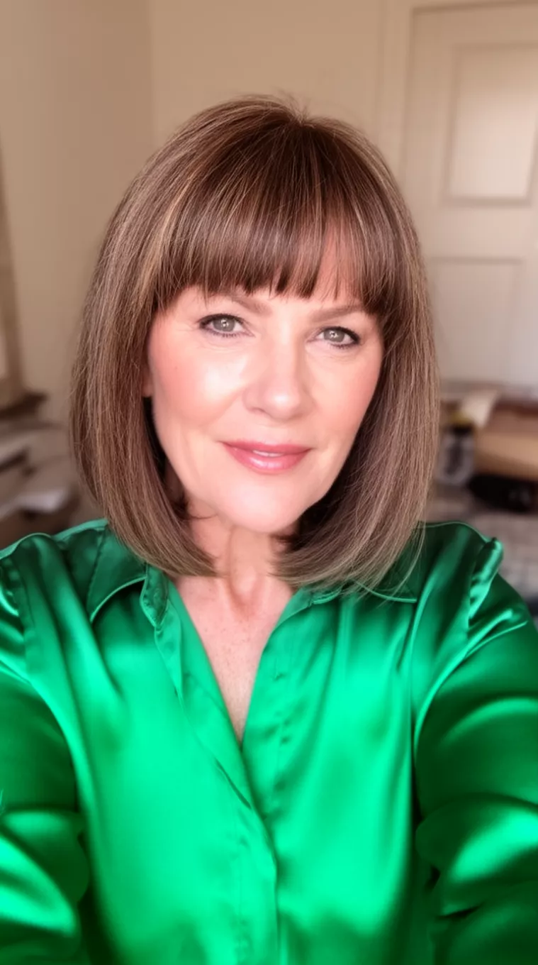 selfie of a 56-year-old woman wearing an emerald green silk blouse with Disconnected Bangs