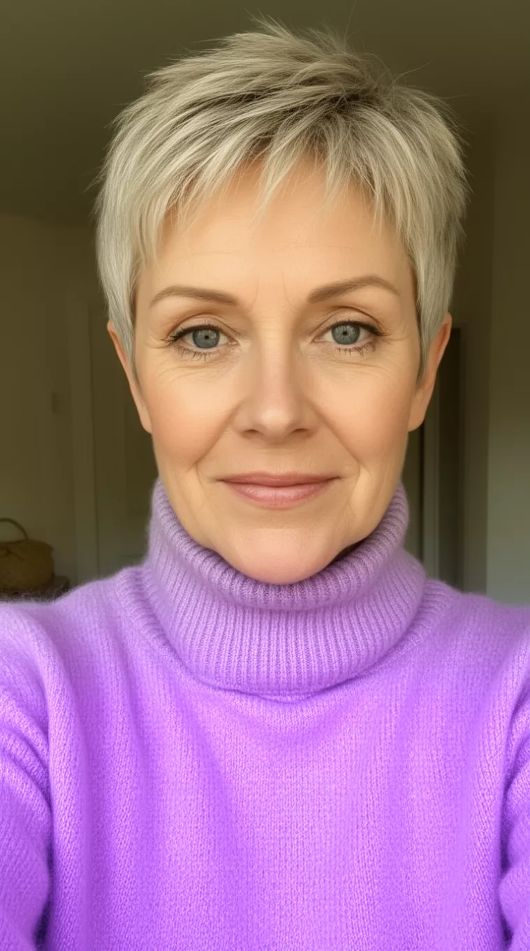 selfie of a 59-year-old woman wearing a lavender cashmere turtleneck with a Soft Pixie