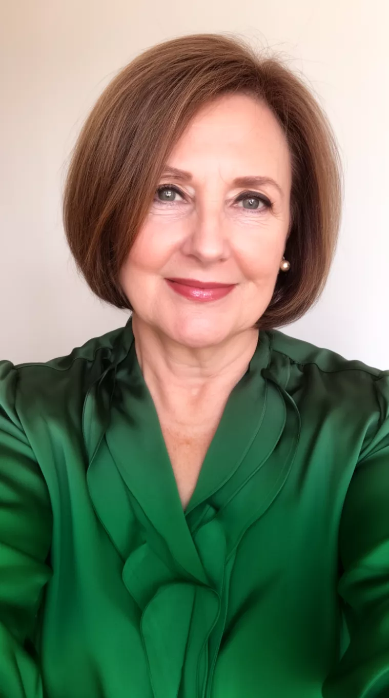 selfie of a 58-year-old woman wearing a forest green silk blouse with a Layered Bob