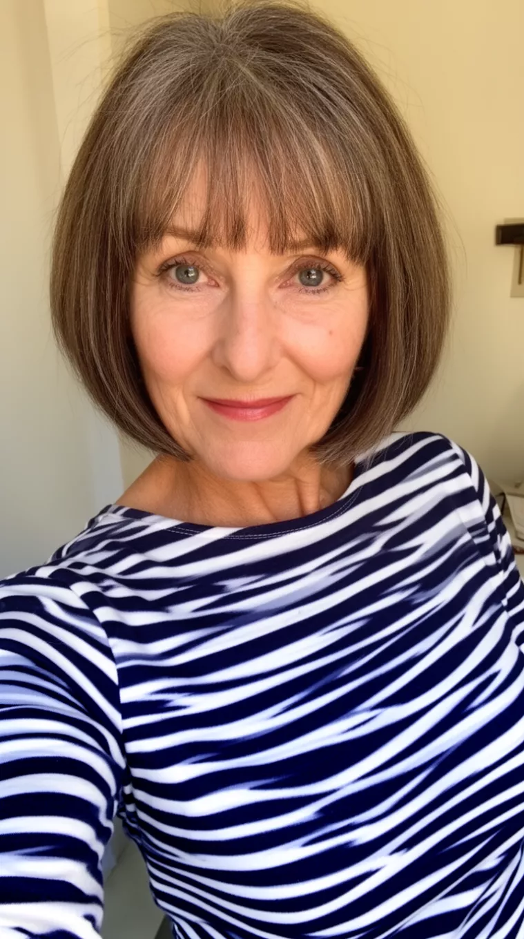 selfie of a 62-year-old woman wearing a navy and white striped top with a French Girl Bob
