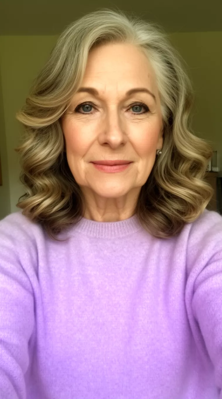 selfie of a 64-year-old woman wearing a soft lavender sweater with Shoulder-Length Waves