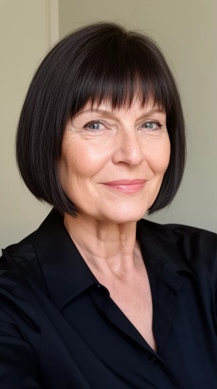 selfie of a 63-year-old woman wearing a crisp black shirt with a Razor-Sharp Bob