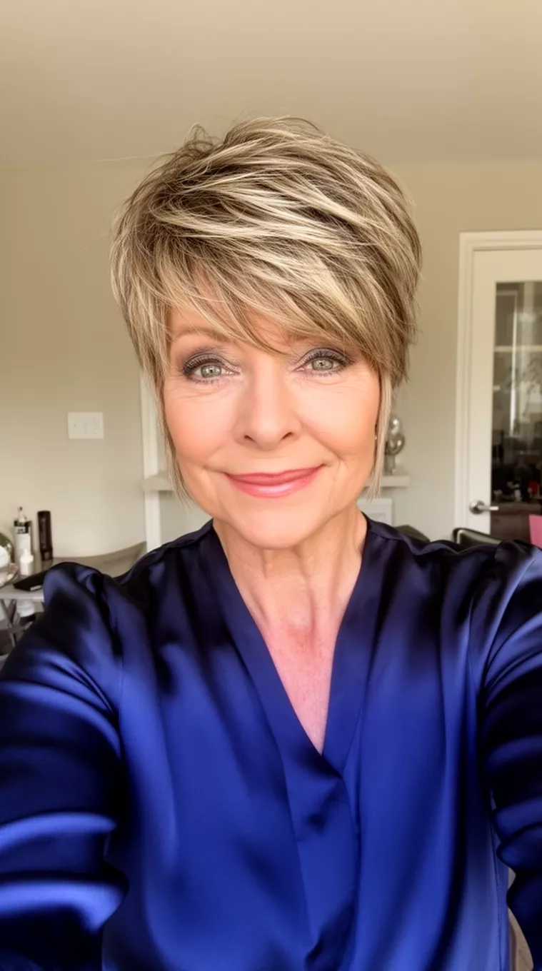 selfie of a 62-year-old woman wearing a navy blue silk blouse with a Layered Pixie with Wispy Bangs