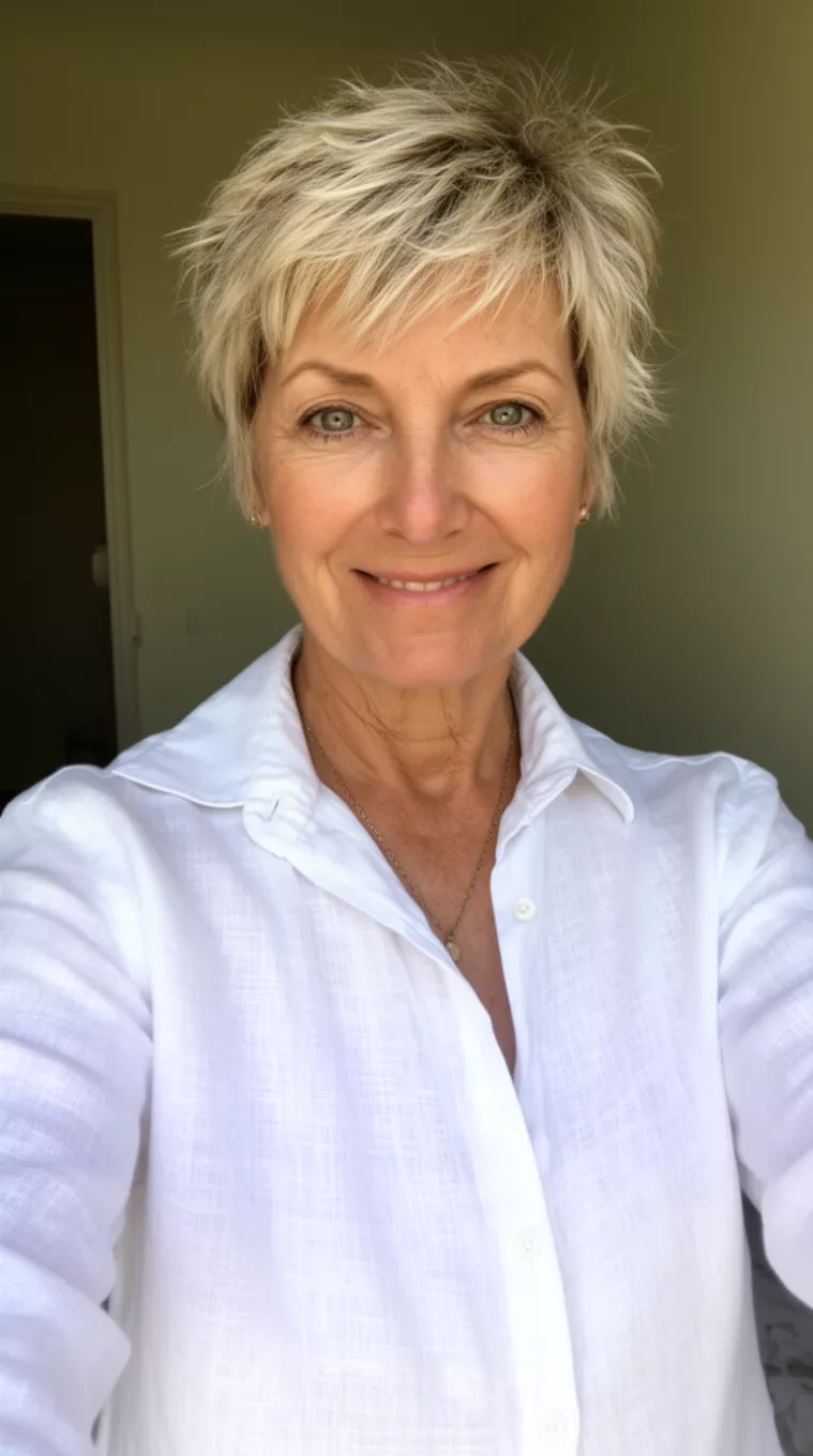 selfie of a 67-year-old woman wearing a crisp white linen shirt with a Feathered Short Crop