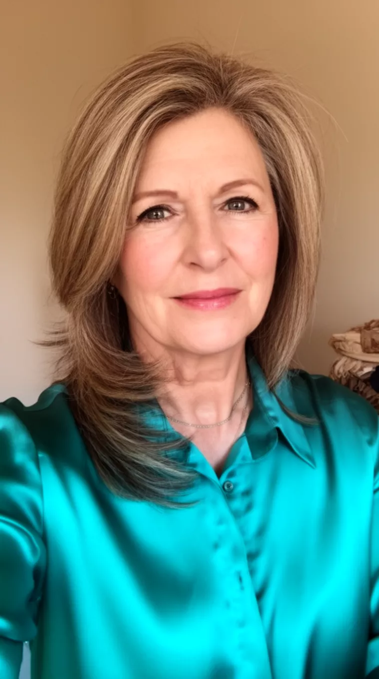 selfie of a 62-year-old woman wearing a teal silk shirt with Side-Swept Layers