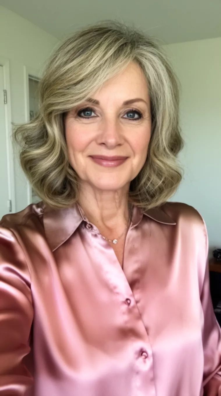 selfie of a 64-year-old woman wearing a rose gold silk blouse with a Soft Wavy Lob