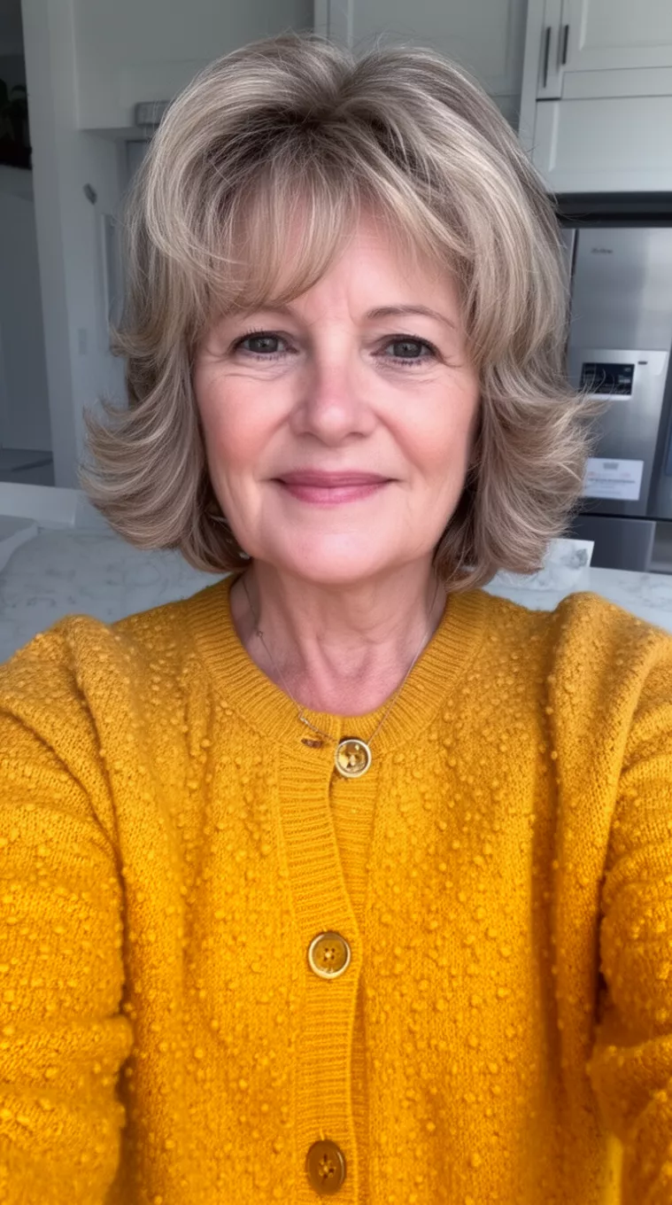 selfie of a 63-year-old woman wearing a mustard yellow cardigan with a Textured Lob