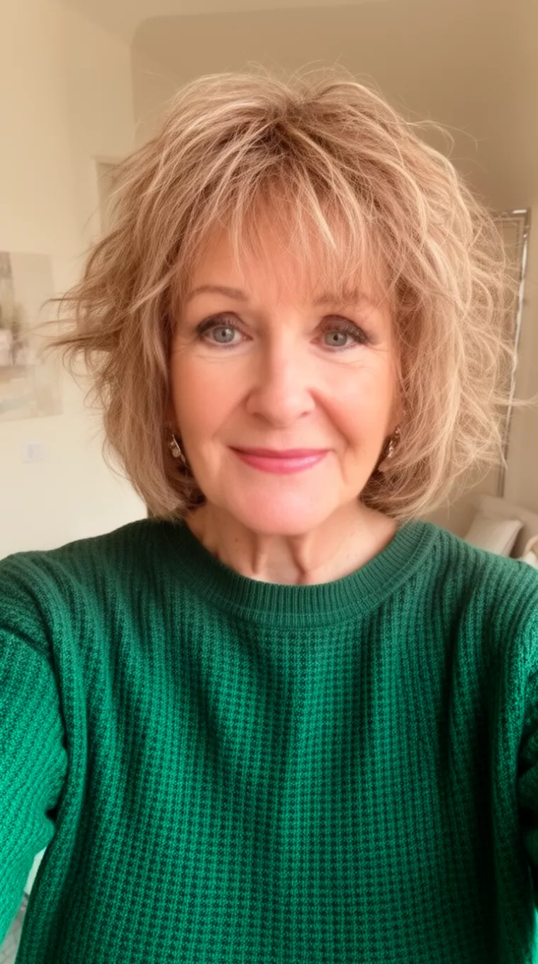 selfie of a 69-year-old woman wearing a forest green knit top with a Shaggy Layered Bob