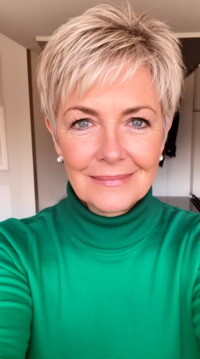 selfie of a 64-year-old woman wearing a structured emerald green turtleneck with a Timeless Pixie Cut