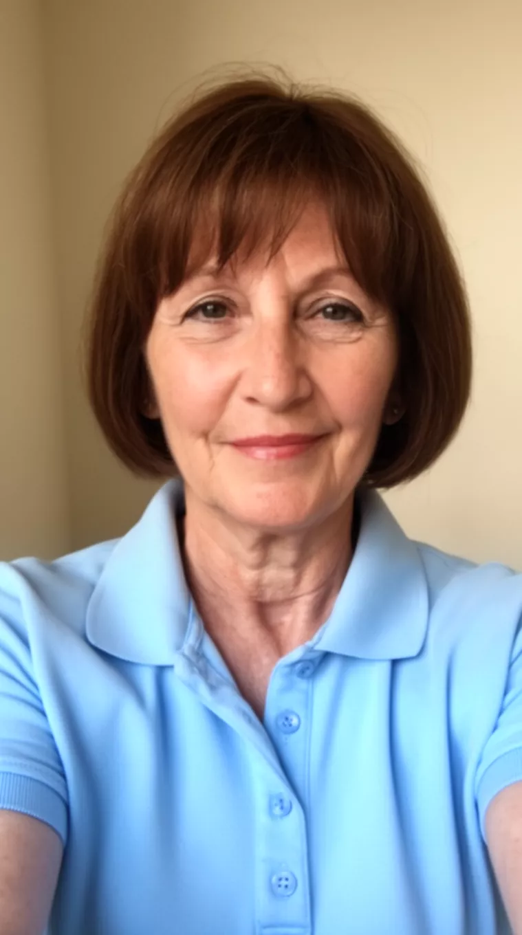 selfie of a 67-year-old woman wearing a light blue polo shirt with a Wash-and-Wear Short Bob
