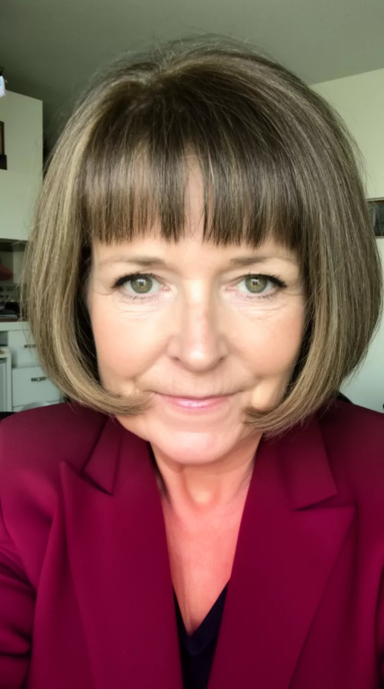 selfie of a 61-year-old woman wearing a burgundy blazer with a Graduated Bob