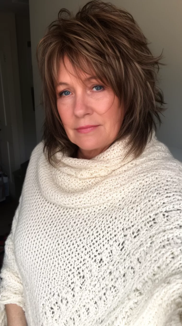 selfie of a 66-year-old woman wearing a cream colored poncho with a Butterfly Layered Shag hairstyle